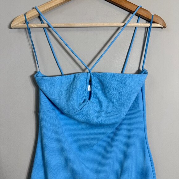 Mango Crisscross Strap Bodycon Mini Dress Women's 2 Blue Going Out Ribbed NWOT - Picture 7 of 14